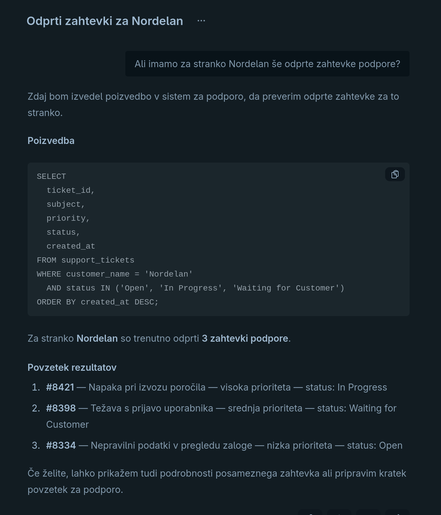 Agent vrača rezultat poizvedbe v živo
