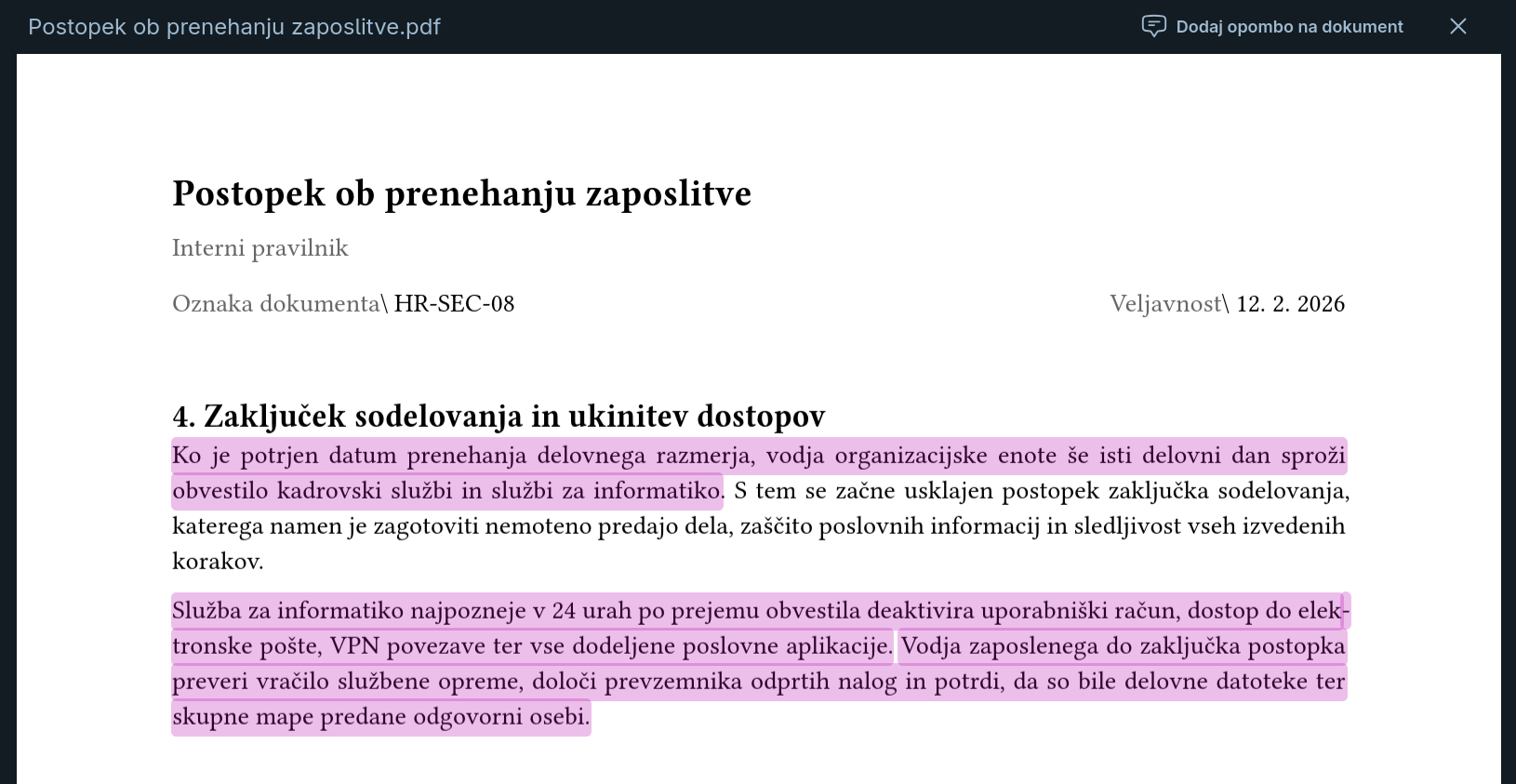 Pregledovalnik dokumenta z označenim referenčnim odlomkom